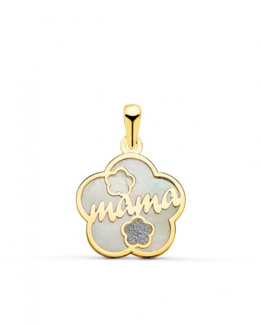 Colgante oro 18k madre nácar flor diamante 15mm