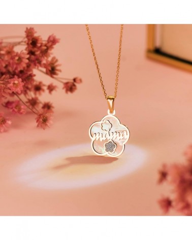 Colgante oro 18k madre nácar flor diamante 15mm