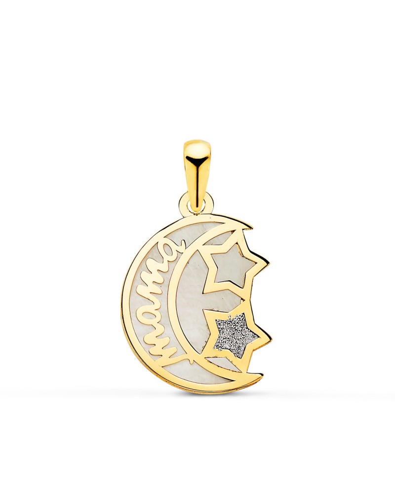 Colgante oro 18k nácar luna mamá estrellas 16x13mm