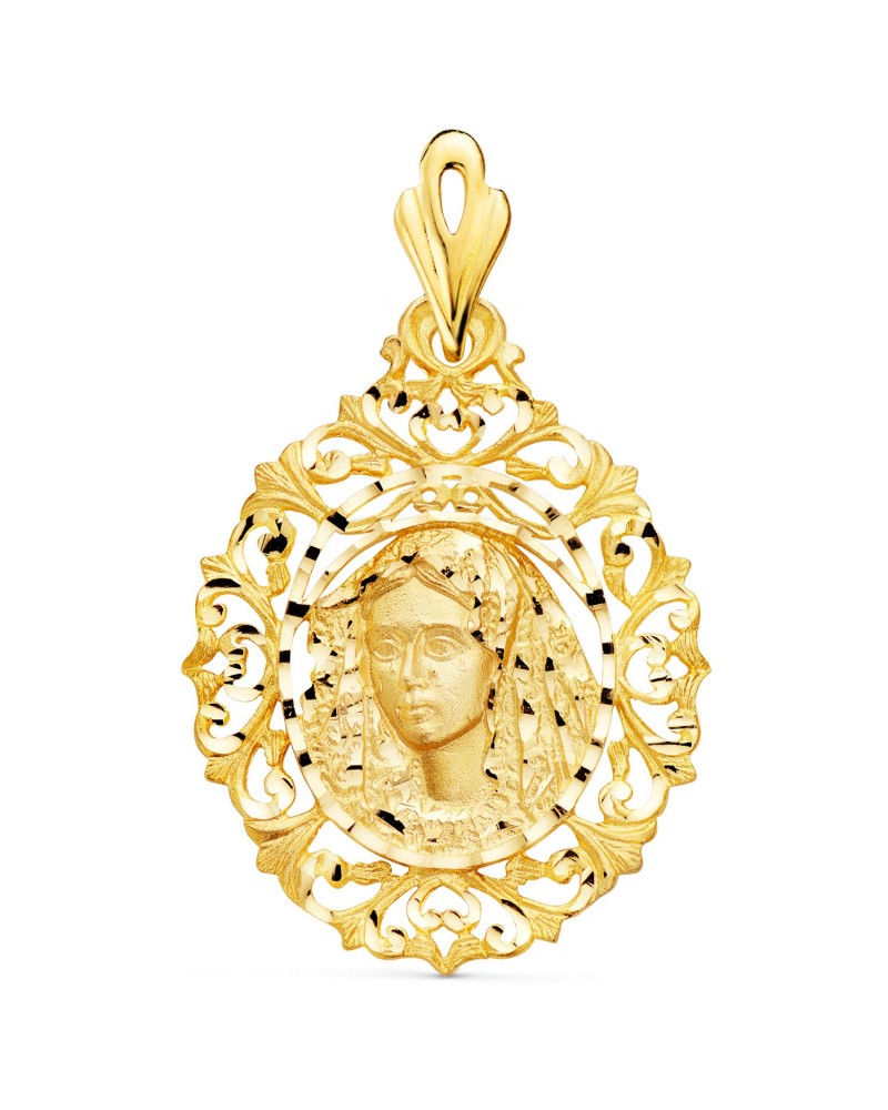 Medalla oro 18k Virgen Macarena cerco calado 40x31mm