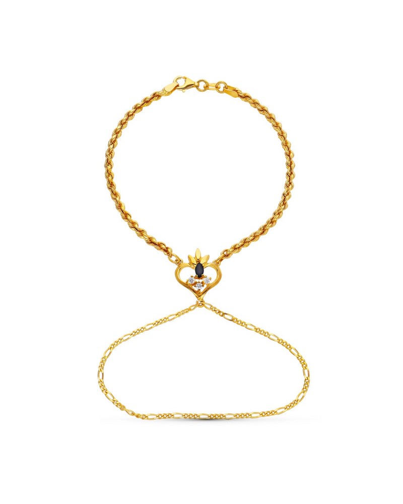 Pulsera oro 18k corazón zafiro cadena cordón