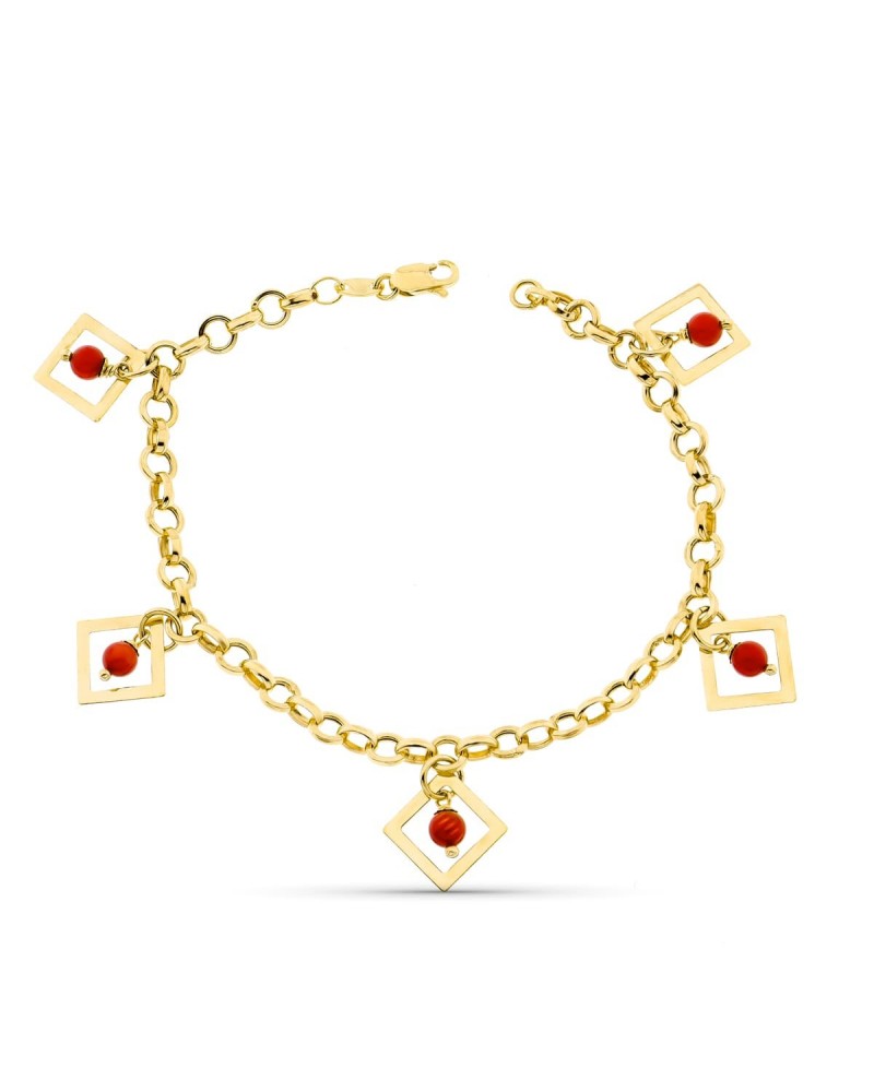Pulsera oro 18k eslabón rolo con rombos coral