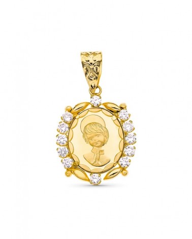 Medalla oro 18k comunión circonitas 19x15mm