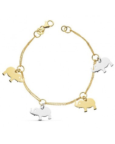 Pulsera oro 18k bicolor elefantes 19cm