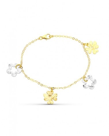 Pulsera oro 18k bicolor flores 17cm