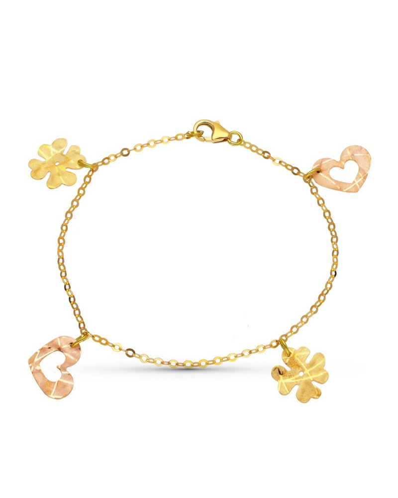 Pulsera oro 18k bicolor con colgantes corazón y trébol