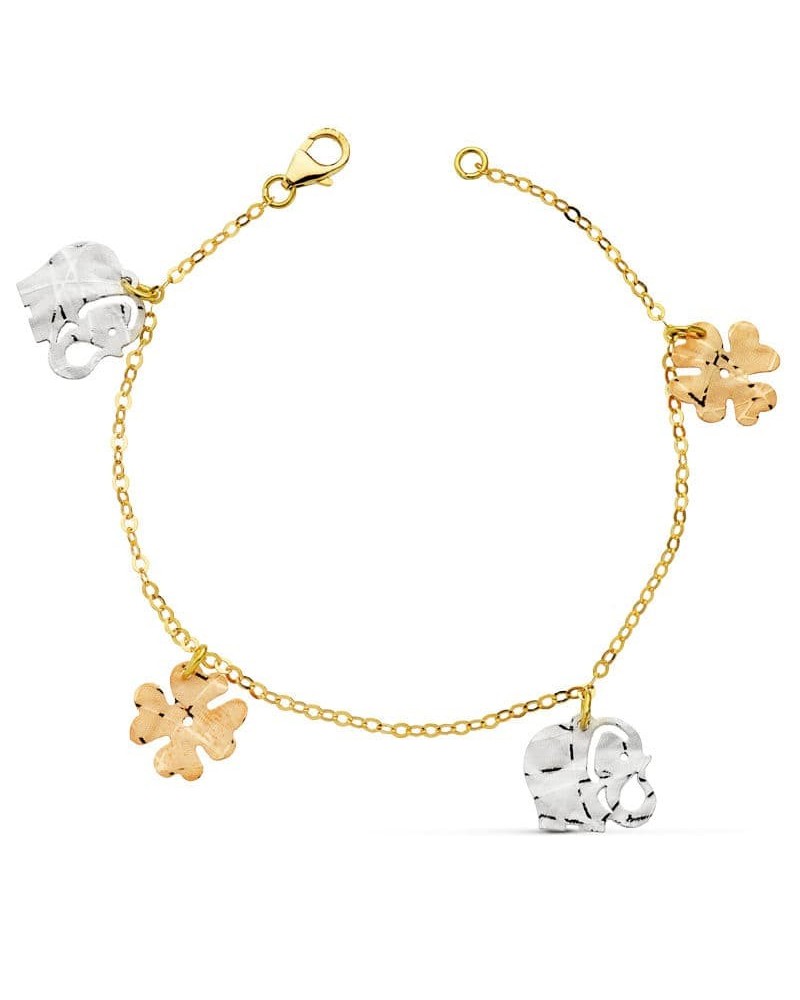 Pulsera oro 18k tricolor charms trébol 17cm