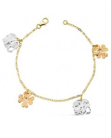 Pulsera oro 18k tricolor charms trébol 17cm