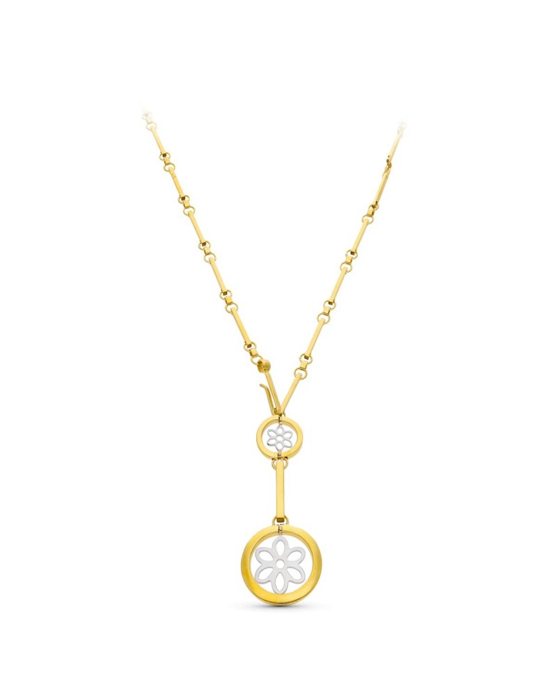 Gargantilla oro 18k bicolor círculos y flor 45cm