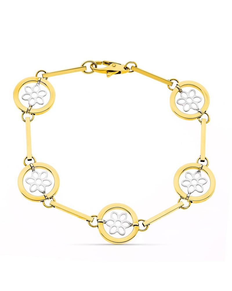 Pulsera oro 18k bicolor motivos calados 19 cm