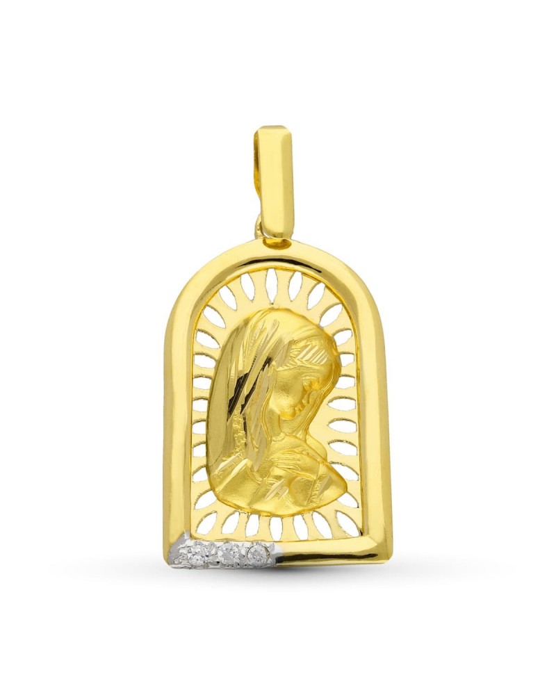 Medalla oro 18k Virgen Niña calada circonitas 24x15mm