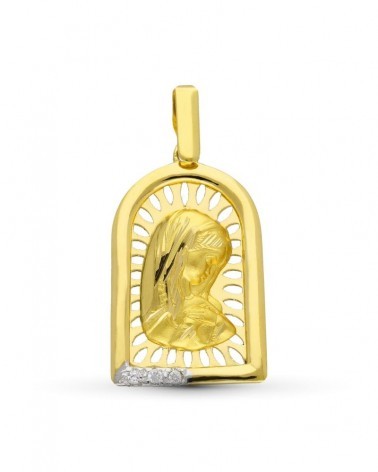 Medalla oro 18k Virgen Niña calada circonitas 24x15mm