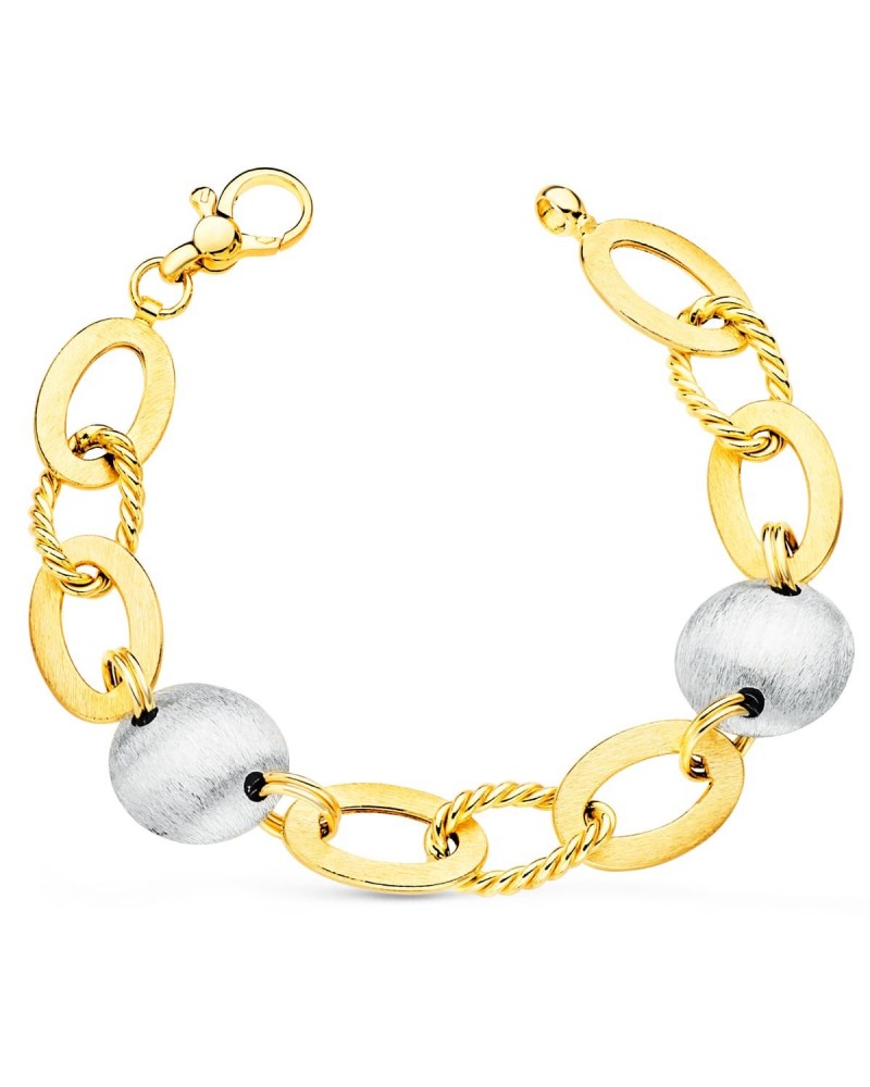 Pulsera oro 18k bicolor eslabones ovalados 19 cm