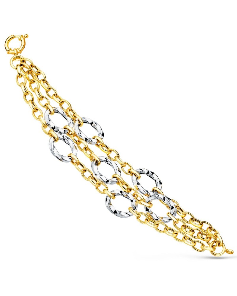 Pulsera oro 18k bicolor triple cadena motivos redondos 20cm
