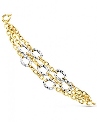 Pulsera oro 18k bicolor triple cadena motivos redondos 20cm