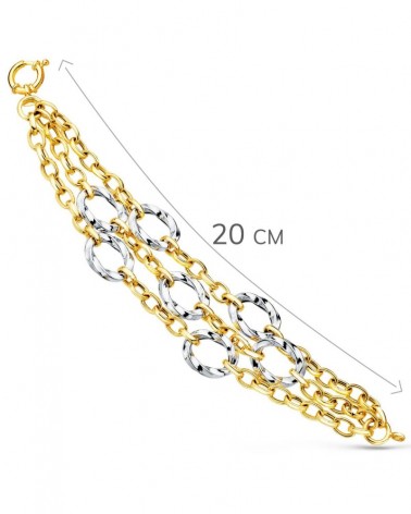Pulsera oro 18k bicolor triple cadena motivos redondos 20cm