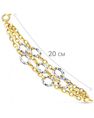 Pulsera oro 18k bicolor triple cadena motivos redondos 20cm