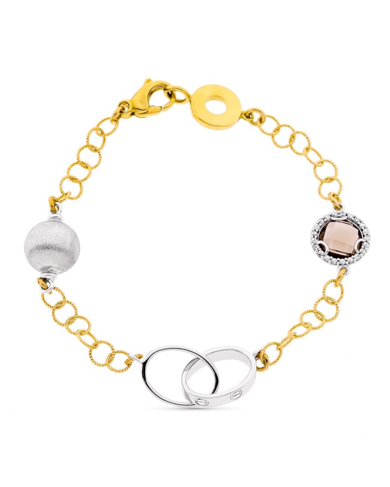 Pulsera oro 18k bicolor eslabones piedra fumé 19 cm