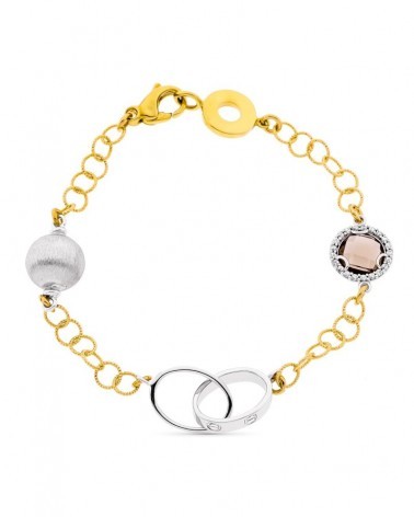 Pulsera oro 18k bicolor eslabones piedra fumé 19 cm
