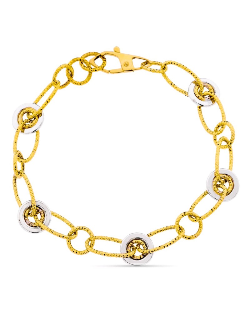 Pulsera oro 18k bicolor eslabones combinados