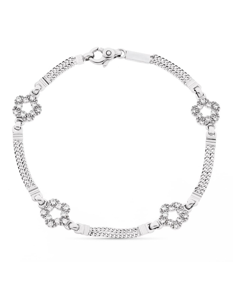 Pulsera oro blanco 18k flores circonitas 19,5 cm