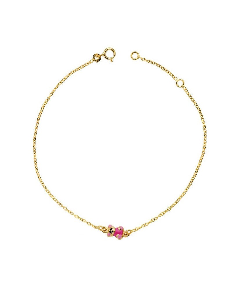 Pulsera oro 18k oso esmalte rosa 18 cm