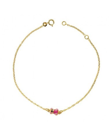 Pulsera oro 18k oso esmalte rosa 18 cm