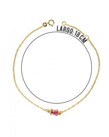 Pulsera oro 18k oso esmalte rosa 18 cm