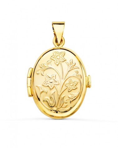 Guardapelo oro 18k oval labrado flores 26x21mm