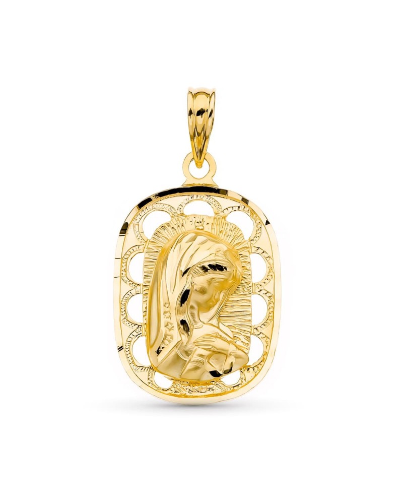 Medalla oro 18k Virgen Niña marco calado 23x15mm