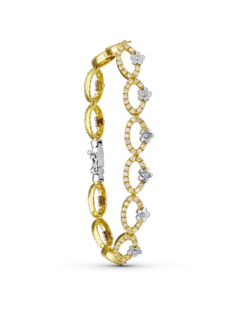 Pulsera oro 18k bicolor ovalos circonita flores
