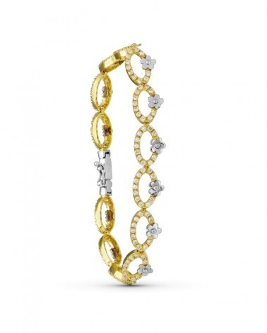 Pulsera oro 18k bicolor ovalos circonita flores