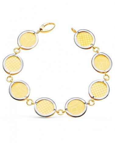 Pulsera oro 18k bicolor eslabones redondos diseños matizados