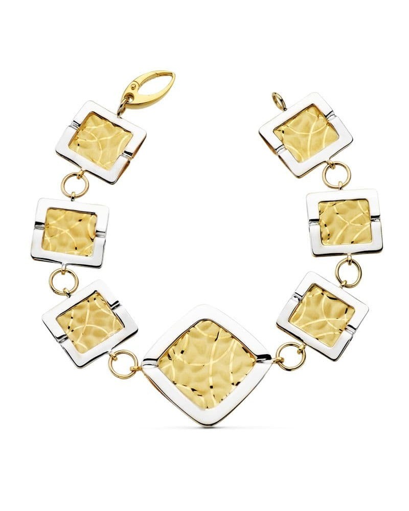 Pulsera oro 18k bicolor cuadrados láser 19,5 cm