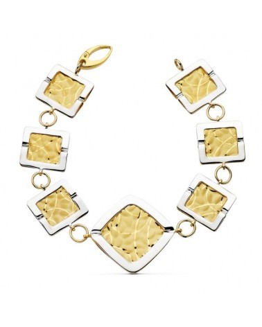Pulsera oro 18k bicolor cuadrados láser 19,5 cm