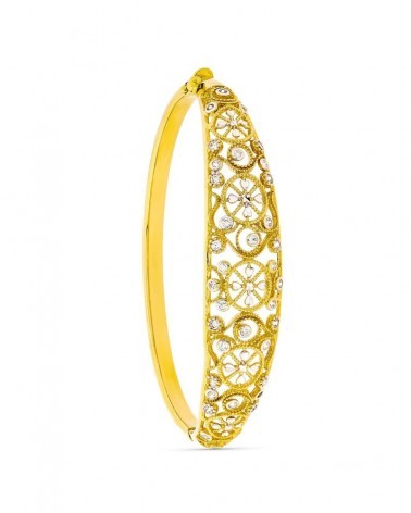 Pulsera rígida oro 18k bicolor filigrana circonitas