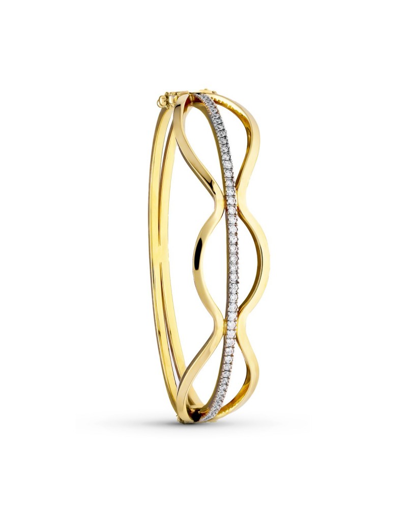 Pulsera oro 18k bicolor rígida circonitas entrelazada