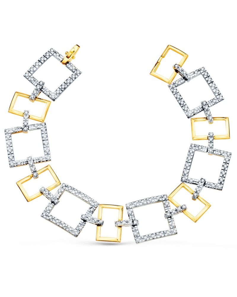 Pulsera oro 18k bicolor eslabones cuadrados circonita 20cm
