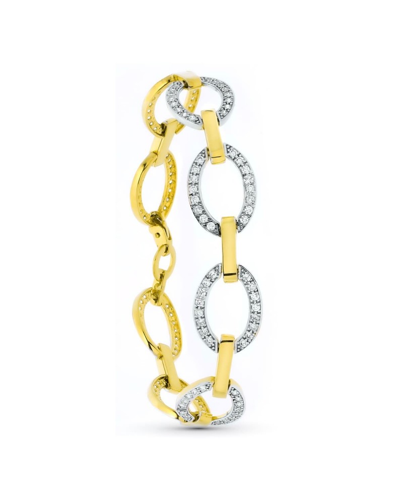 Pulsera oro 18k bicolor eslabones círculos circonitas