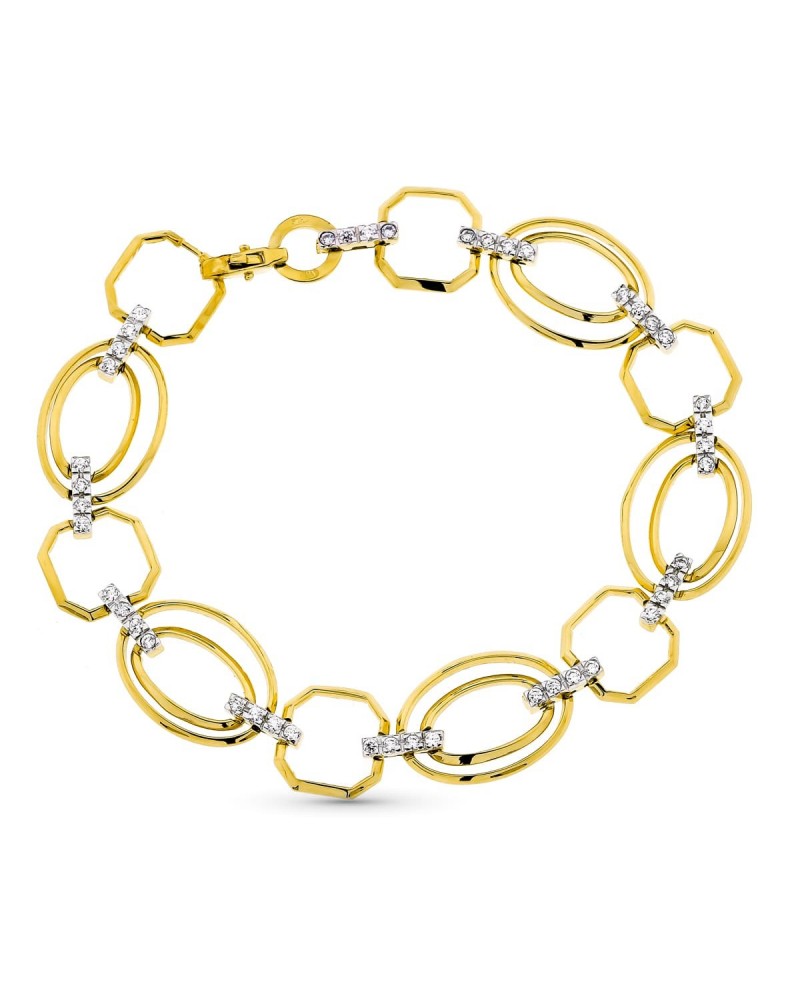 Pulsera oro 18k bicolor eslabones circonita 19,5 cm