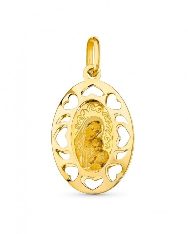 Medalla oro 18k Virgen del Niño calada corazones 26x16mm