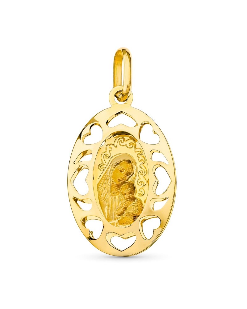 Medalla oro 18k Virgen del Niño calada corazones 26x16mm