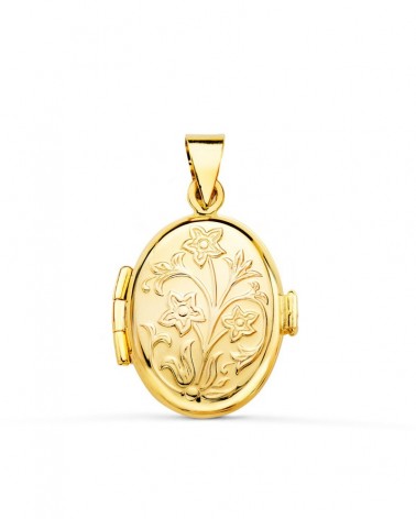 Guardapelo oro 18k oval labrado flores 18x14mm