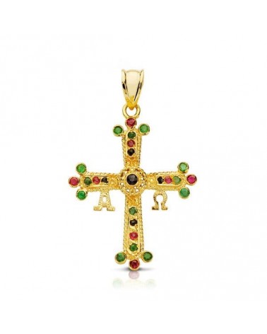 Cruz oro 18k Covadonga piedras multicolor 28x24 mm