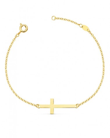 Pulsera oro 18k cruz cadena forzada 19 cm