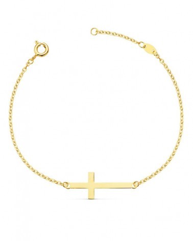 Pulsera oro 18k cruz cadena forzada 19 cm