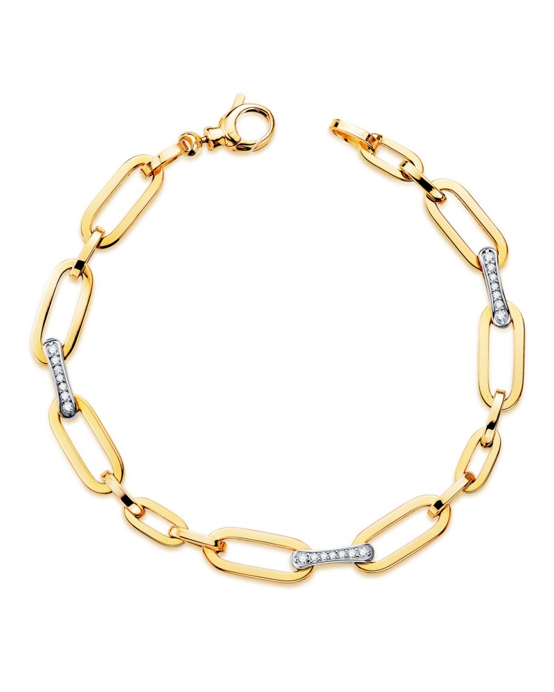 Pulsera oro 18k bicolor eslabones circonita 19,5 cm