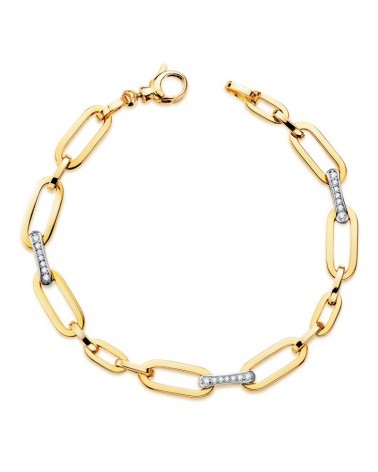 Pulsera oro 18k bicolor eslabones circonita 19,5 cm
