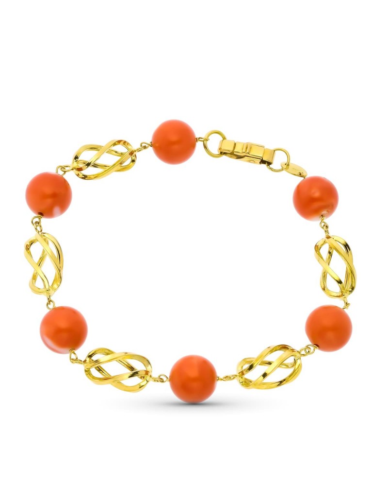 Pulsera oro 18k coral japonés y jaulas 20 cm