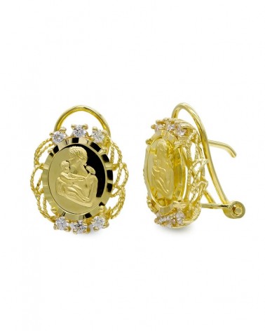 Pendientes oro 18k medalla Virgen con circonitas cierre omega